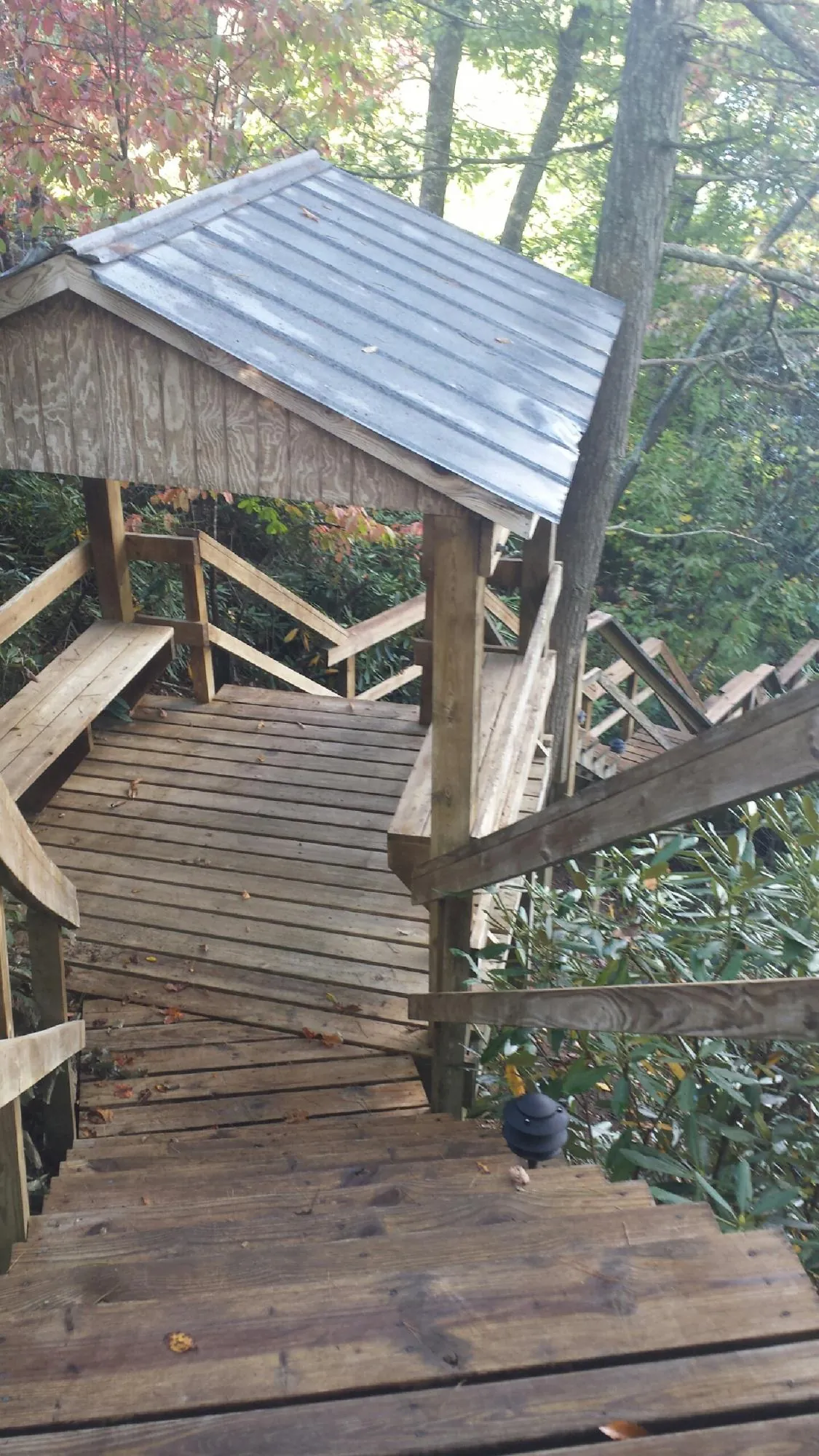 Metal roofed shelter over wooden steps on a wooded walkway — Skylight Repair & Installation work by our crew in Hamlin